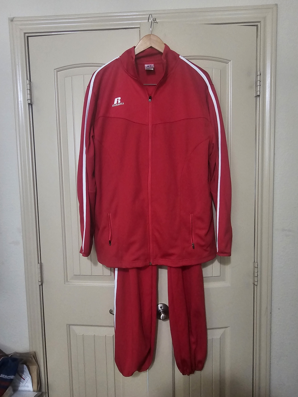 Russell Athletic Red Track Jacket and Pants Set with White Stripes